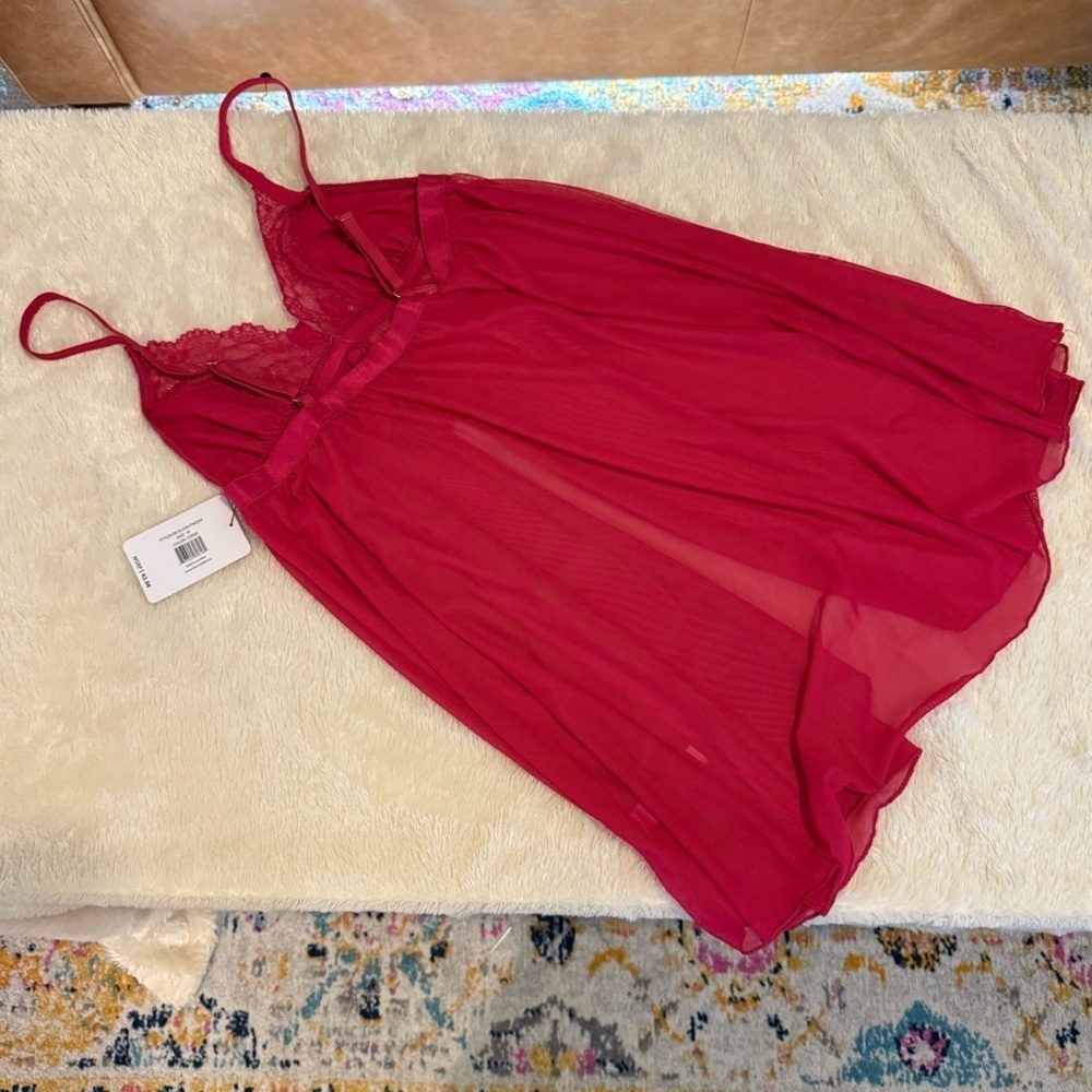 nwt French Affair Red Sheer Lace Babydoll Chemise with Sequin Detail M Medium - Picture 5 of 6